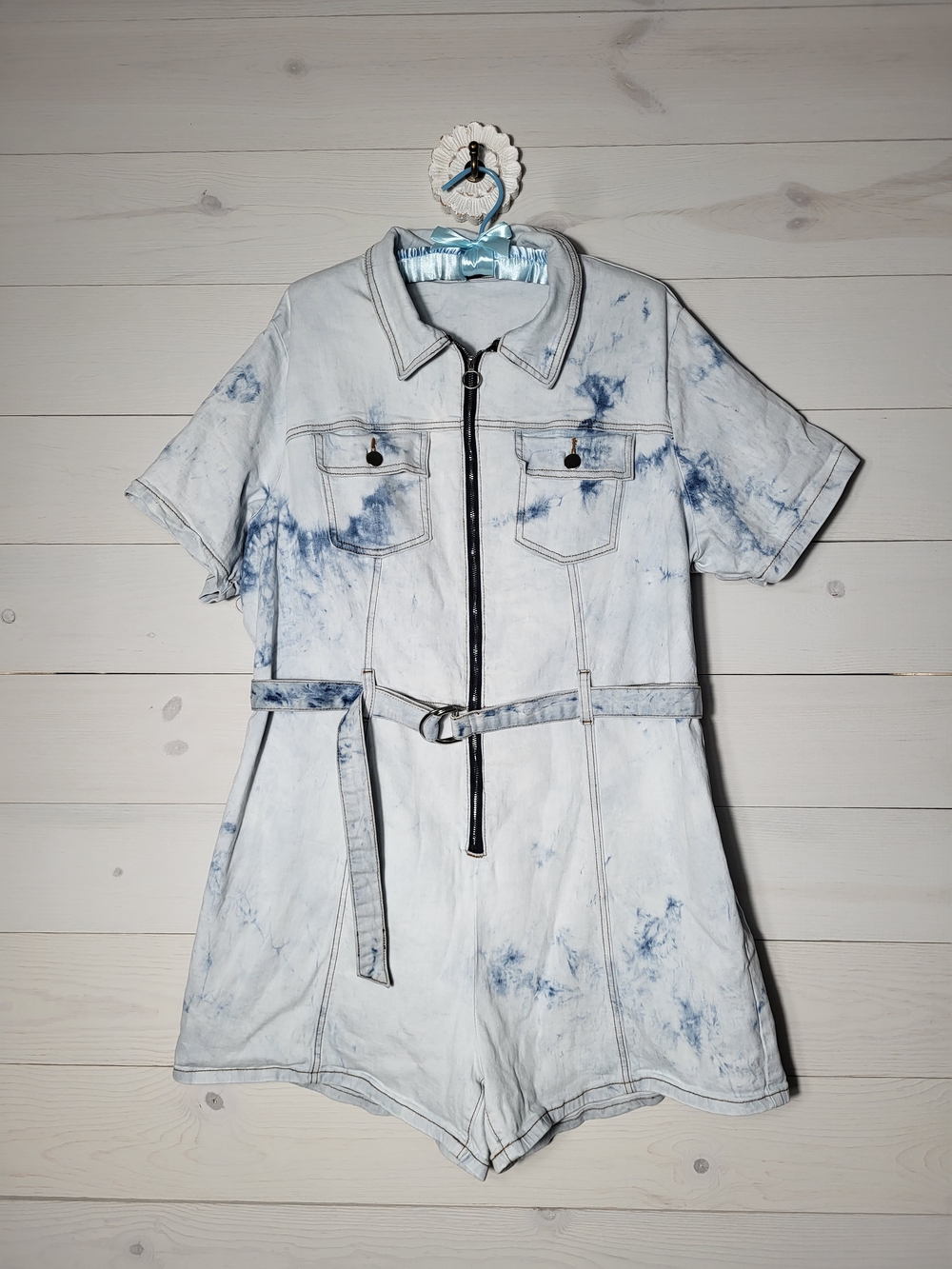 Fashion Nova Denim Jumpsuit Acid Wash Cotton Zip Up Plus Size Romper Shorts.